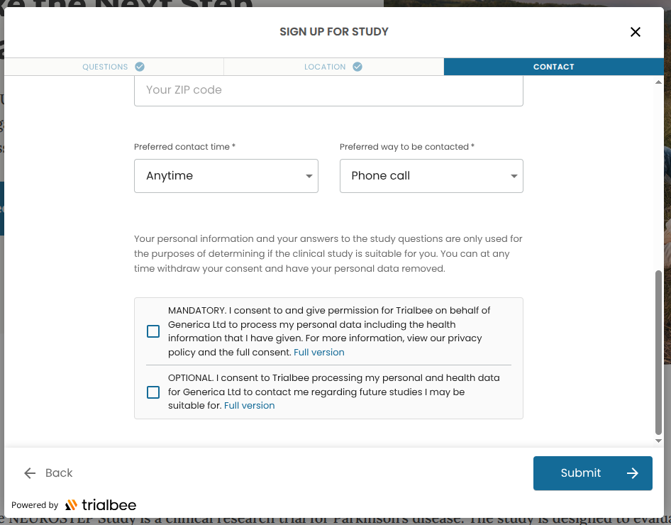 Example contact detail form